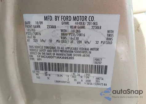 2010 Ford Escape Xlt from USA, damaged, VIN 1FMCU0D71AKA95355